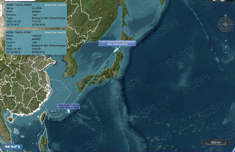 中國智庫「南海戰略態勢感知計劃」平台PO出航跡圖，指美軍B-52H在聯演結束後，取道日本直飛返回美國本土。   圖：翻攝@SCS_PI推特
