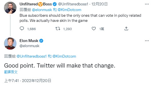 一名推特藍勾勾用戶表示：「政策相關投票應該只有藍勾勾訂戶才能投，我們才是真的受到影響的」，馬斯克對此表示贊同。   圖：翻攝自馬斯克推特