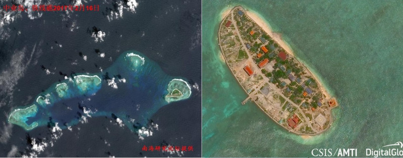 左：鐵線礁(Sandy Cay)；右：敦謙沙洲(Sand Cay)。   圖：新頭殼合成/素材取自陸網每日頭條與amti.csis.org