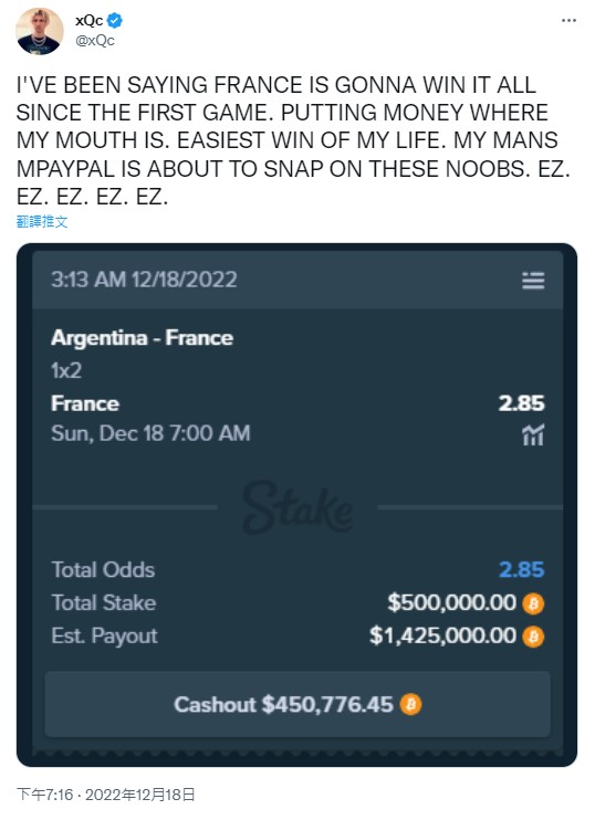xQc在推特上表示「從第一場比賽開始，我就一直說法國會贏得一切」、「這將是我一生中最輕鬆的勝利」、「我的老兄姆巴佩絕對會電爆那些菜雞」，結尾還附上5個「EZ」。   圖：翻攝自xQc推特