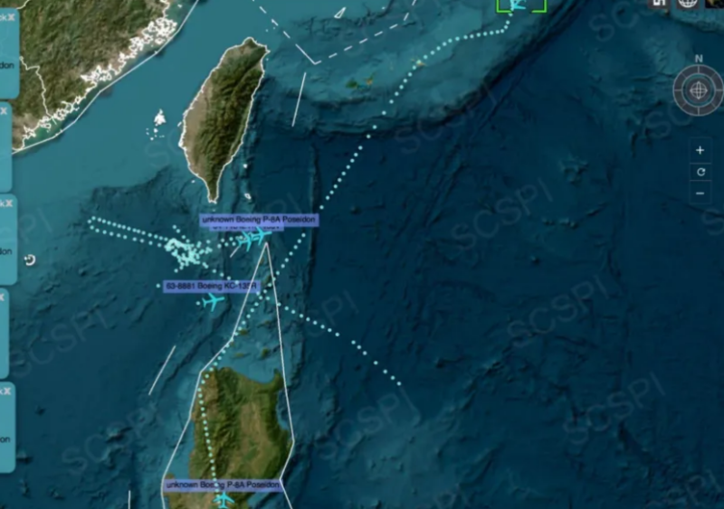 美軍近日從沖繩嘉手納基地，以及菲律賓克拉克基地出動了 3 型軍機前往台海、南海。   圖：翻攝自南海戰略態勢感知計劃平台