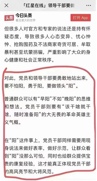 中國媒體《今日頭條》出現「領導幹部都要做領頭『陽』」文章，呼籲官員應不畏確診，勇敢當領頭「陽」。   圖:翻攝自推特