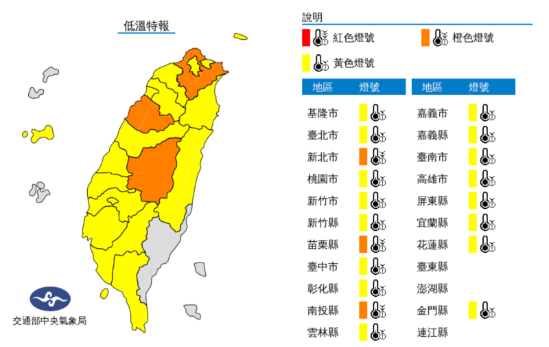 中央氣象局針對全台19縣市發布低溫特報，提醒民眾務必注意保暖。   圖：翻攝自中央氣象局