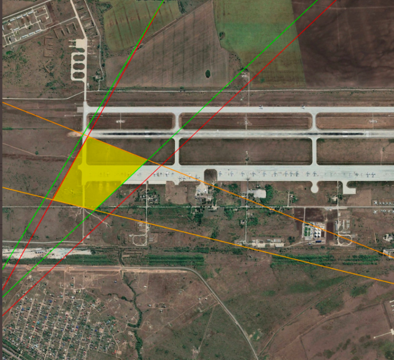 黃色方框是恩格斯空軍基地最有可能發生爆炸的位置，恩格斯基地滑行道的拐角處發生大爆炸，俄軍的重要Tu-95、Tu-160轟炸機停在此位置。   圖:翻攝自推特帳戶「Ukraine Battle Map」