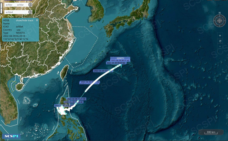 被指為平流層飛艇的ACFDA4於4月2日-4月9日航跡。   圖：翻攝@SCS_PI推特