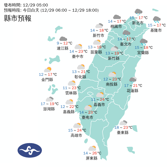 受到東北季風影響，今天北部與東北部天氣較涼，其他地區早晚也偏涼，尤其中南部日夜溫差大，請民眾注意。   圖：中央氣象局/提供