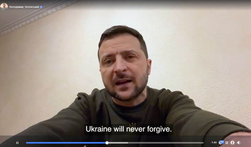 烏克蘭跨年遭空襲，澤連斯基表示，這次攻擊證明莫斯科當局「與魔鬼勾結」，烏克蘭絕不會原諒。   圖：翻攝直播影片