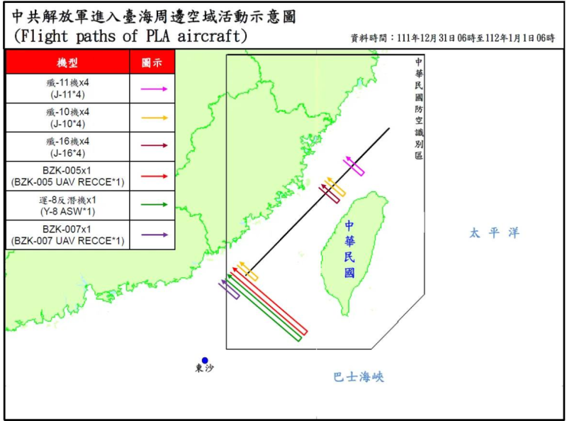 國防部表示，從昨日(12/31)上午 6 時跨年到今日(1/1)上午 6 時，偵獲共機 24 架次、共艦 4 艘次在台海周邊的海、空域活動。   圖：國防部/提供