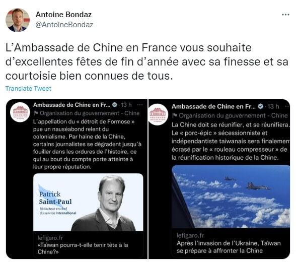 中國駐法大使館推特貼文批評日前挺台的法國媒體報導，法國智庫戰略研究基金會台灣安全暨外交計畫主任博達安反擊寫道：「中國駐法使館用大家所熟知的細膩與禮節祝各位新年快樂。」   圖：取自twitter.com/AntoineBondaz