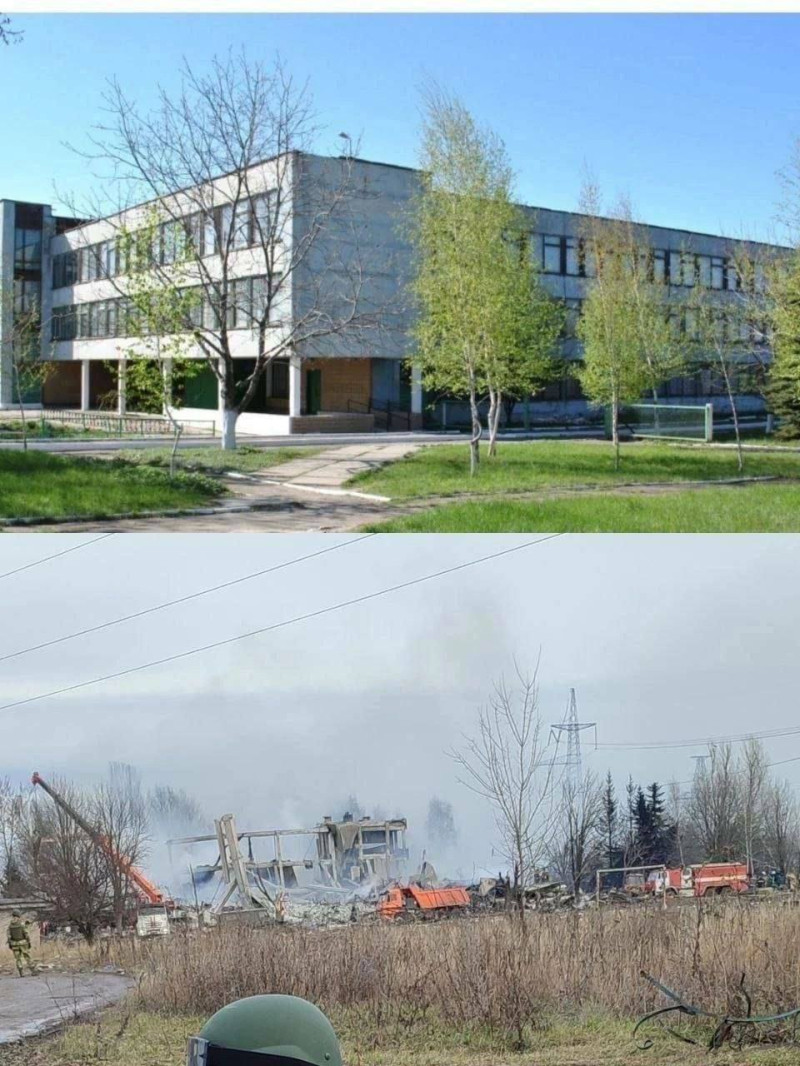 被俄軍佔領的馬克耶夫卡（Makiivka）第 19 職業學校，遇襲前後對比。   圖:翻攝自推特Michael MacKay (@mhmck) 