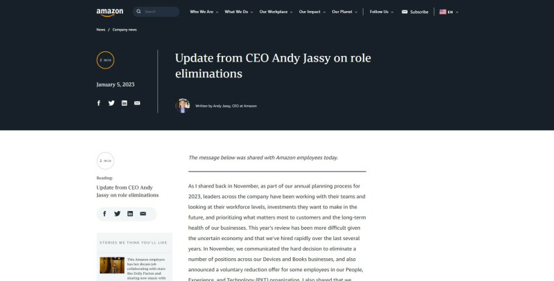 亞馬遜執行長Andy Jassy今日在官方部落格宣布，從去年11月展開的裁員計畫，將擴大影響到18000多個職位。   圖：翻攝自亞馬遜官方部落格