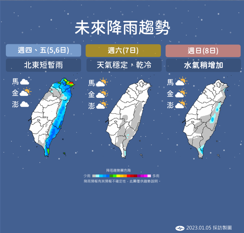 今日至週日降雨趨勢圖。   圖：中央氣象局／提供