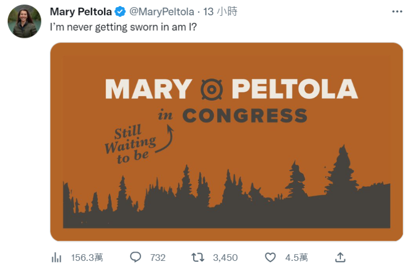 民主黨眾議員瑪麗·佩爾托拉（Mary Peltola）在推特幽默發文表達遲遲無法就職議會的心聲，稱「我永遠不能宣誓就職了，對吧？」   圖:翻攝自推特