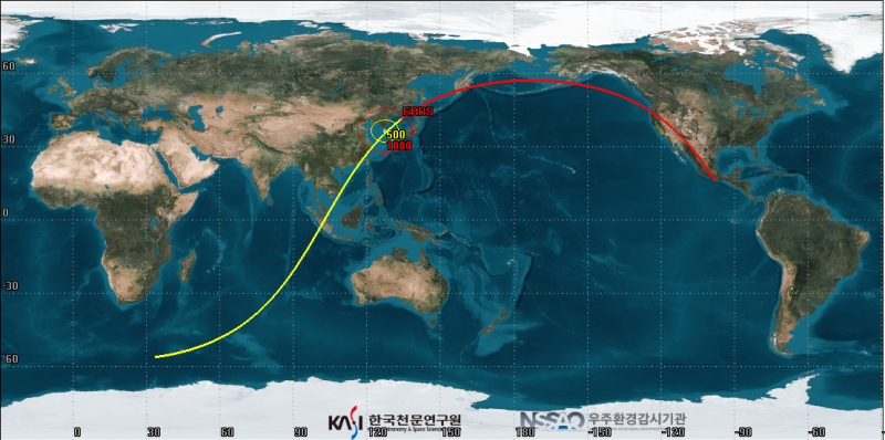 美國人工衛星ERBS的部分殘骸很可能於9日中午12時53分墜落在韓半島，紅黃線部分為正負30分鐘。   圖:翻攝自南韓科學技術情報通信部