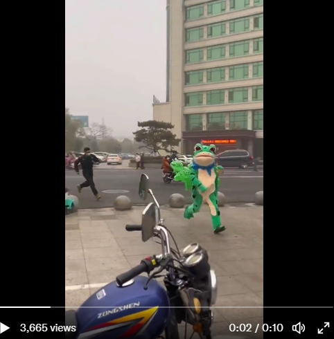 還有網友分享青蛙裝攤販被城管追著跑。   圖：翻攝自推特@Gaomixiaodaren