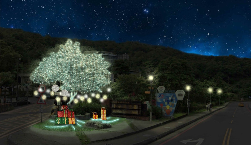 「希望之光」將綠意盎然的樹木化身為璀璨動人的許願樹，象徵傳遞人們的心願， 設置於十分風景區入口處。   圖：新北市觀旅局提供