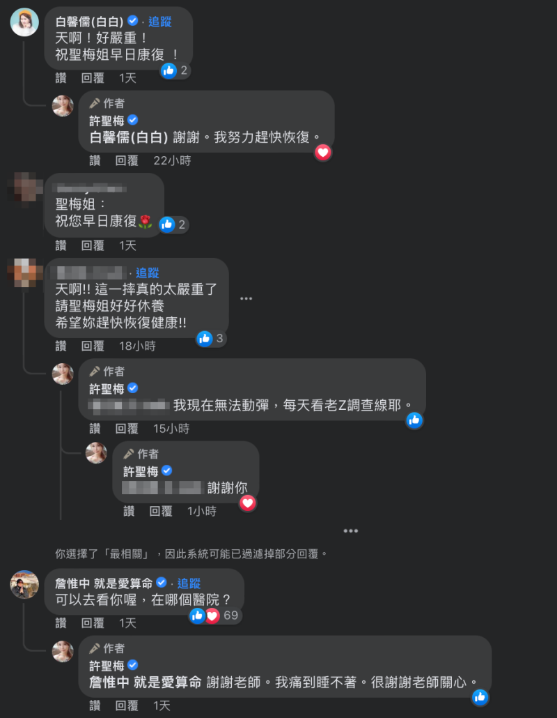 藝人詹惟中也留言表示「可以去看你喔，在哪個醫院？」   圖：翻攝自許聖梅FB