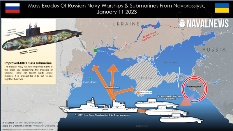 離開的軍艦包括一艘「伊凡格林級」大型登陸艦「彼得·莫爾古諾夫號(RTS Pyotr Morgunov 117)」與三艘基洛級最新改進型636型潛艇。   圖:翻攝自推特