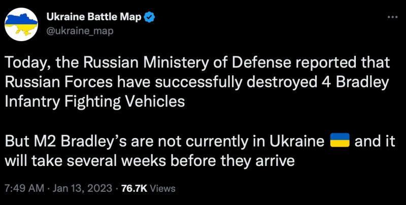 烏克蘭軍事自媒體「烏克蘭作戰地圖」發推文稱，俄軍近期已成功摧毀烏克蘭 4 輛布雷德利裝步坦克（Bradley IFV）。   圖：擷自推特@ukraine_map