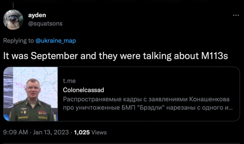 有國外網友留言提醒這可能是「假新聞」，並稱該消息是自去年 9 月的新聞曲解而來，當時俄國防部稱摧毀數輛 M113 裝甲運兵車   圖：擷自推特@ukraine_map