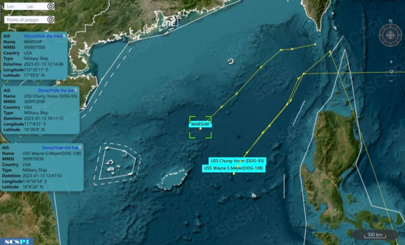 中國南海戰略態勢感知平台指出，有 3 艘美軍驅逐艦於 12 日經巴士海峽進入南海。   圖：翻攝自中國南海戰略態勢感知平台