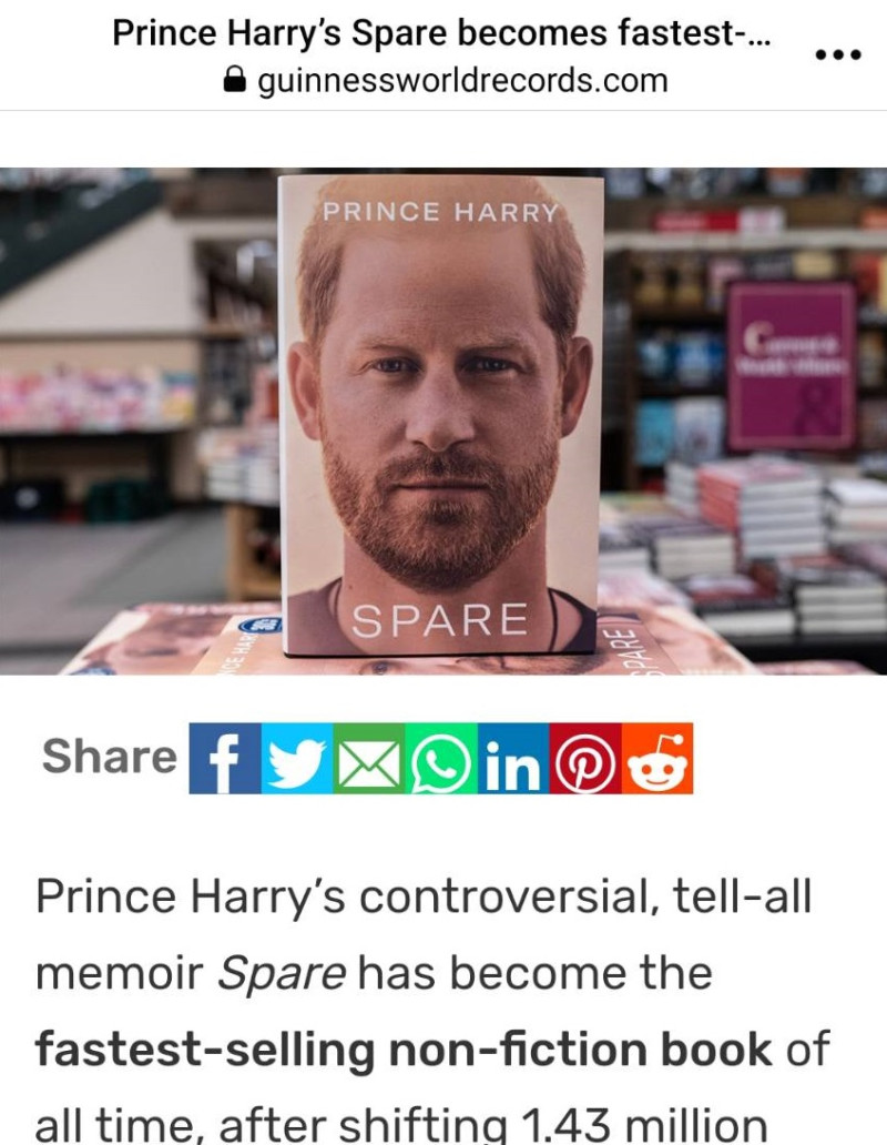 金氏紀錄在官網指出，哈利王子新書《備胎》（圖）在英國、美國與加拿大開賣第1天就狂銷143萬冊，擠走上次紀錄保持人，榮登新紀錄王。   圖：翻攝自金氏紀錄官網
