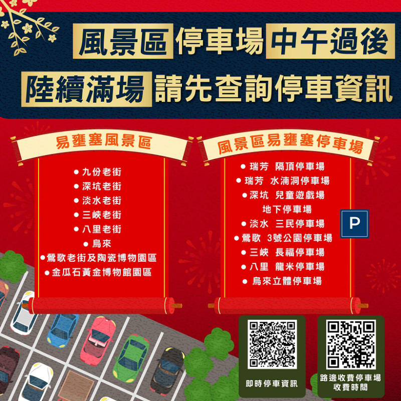 風景區停車場中午過後陸續滿場請先查詢停車資訊。   圖：新北市交通局提供