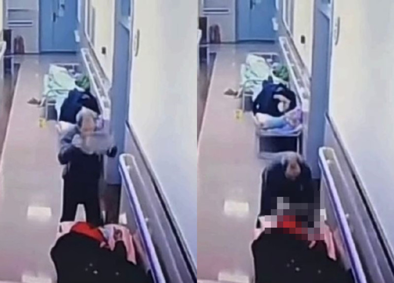 中國一名老人深夜出沒在醫院，竟將大石頭往熟睡中的女病患砸下去。   圖：翻攝微博