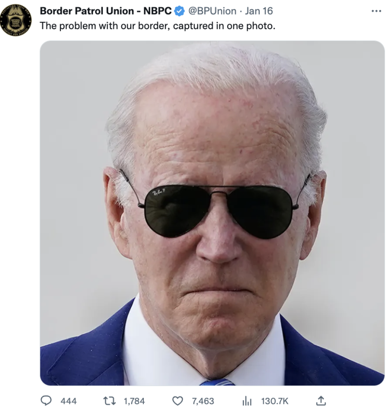 美國邊境巡邏工會不滿總統拜登（Joe Biden）與副總統賀錦麗（Kamala Harris）所帶領的政府，對於處理邊境問題上不力。   圖：翻攝自推特