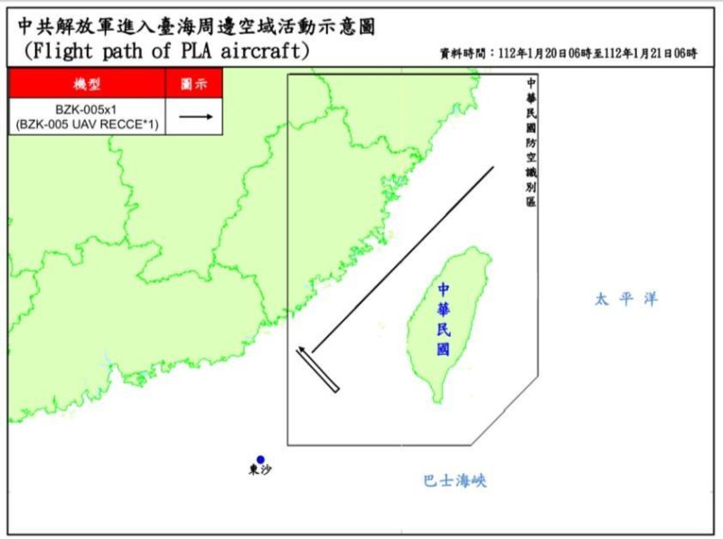 中共解放軍進入臺海周邊空域活動示意圖。   圖：國防部提供