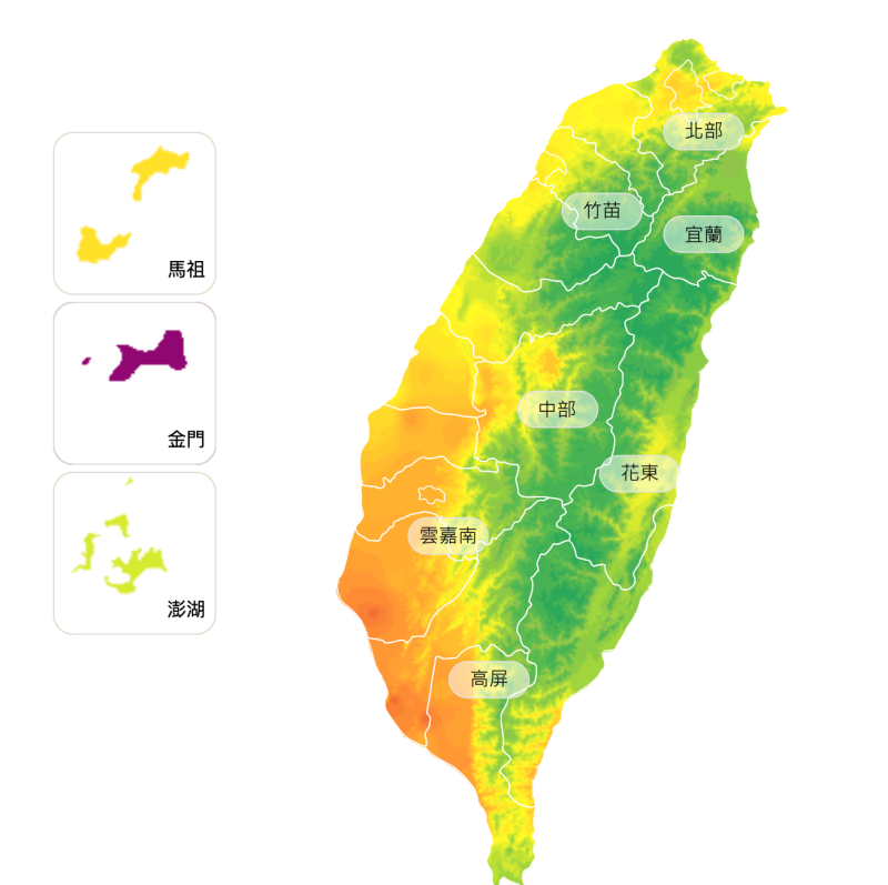 今(22)日台灣各地及澎湖、金門、馬祖大多為多雲到晴，不過早晨因濃霧且風速弱、濕度高，擴散條件不佳，南部地區亮起橘色燈號。   圖：翻攝自空氣品質監測網