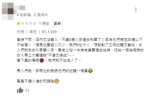 台灣旅客因6人吃3碗拉麵遭店家制止，憤而留下1星評論。   圖:翻攝自google地圖