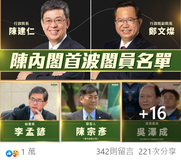 新任行政院長陳建仁今（27）晚在臉書公布首波內閣改組名單。   圖：擷自陳建仁臉書粉專