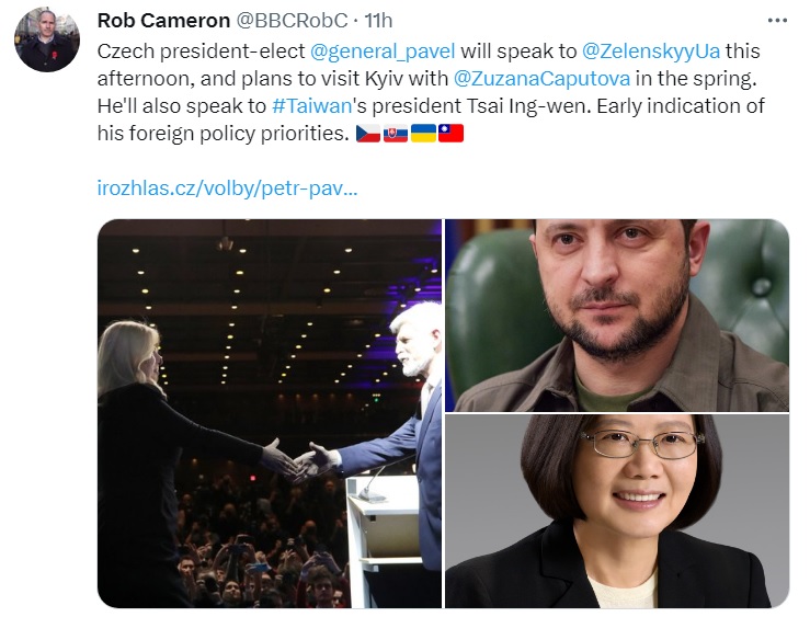 捷克新總統當選人帕維爾（左圖右）勝選，隨即就與烏克蘭總統澤連斯基（右上圖）會談，並公開表示將與台灣總統蔡英文（右下圖）通電話，成為各外電焦點。   圖：翻攝自BBC記者Rob Cameron推特