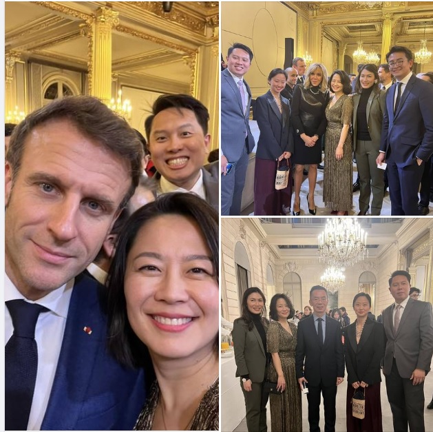 法國總統馬克宏（左圖前左起）與法國台灣協會 會長薛雅俶等人玩自拍，而法國第一夫人布莉姬（右上圖右四）也與5位台灣人合影，來者不拒。   圖：翻攝自「以身嗜法。法國迷航的瞬間」臉書