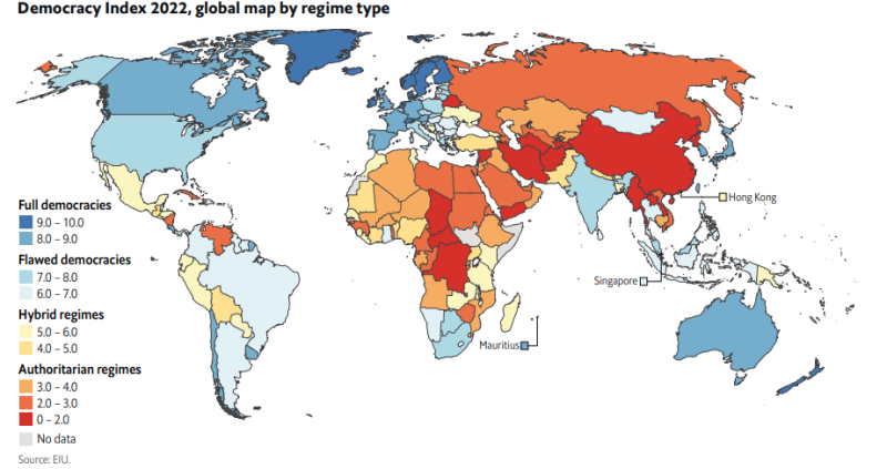 經濟學人智庫 ( EIU ) 今 ( 2 ) 日發佈 2022 年民主指數，依照政權類型劃分。   圖：翻攝自EIU報告