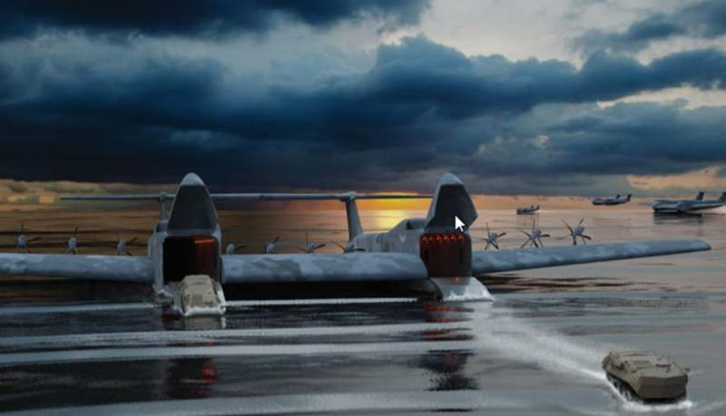 美國一家航空公司General Atomics 設計水上飛機，將採用十二台渦輪軸發動機的分佈式推進。(模擬圖)   圖：翻攝自美國國防高等研究計劃署官網