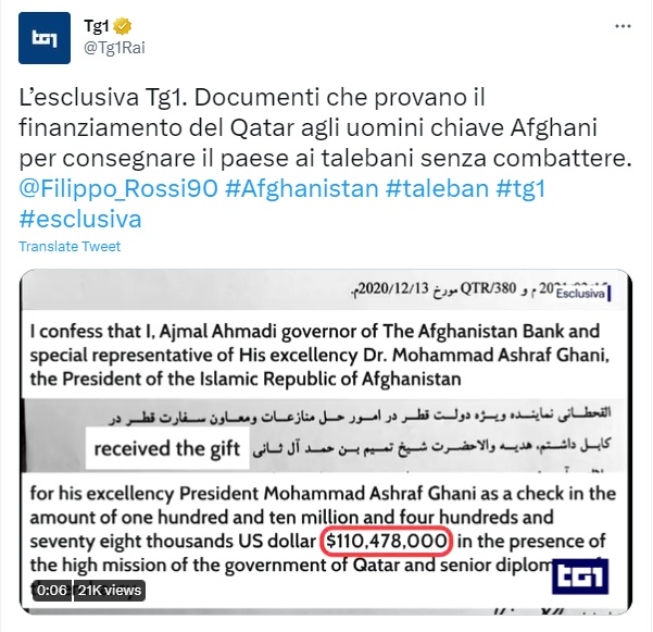 義大利媒體TG1指控阿富汗前高層被收買   圖：翻攝自TG1推特