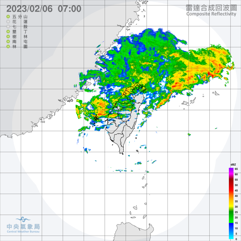 受到華南雲雨區東移影響，中央氣象局今天清晨針對基隆北海岸與宜蘭地區發出大雨特報，苗栗以北雨勢也較明顯。   圖：中央氣象局/提供