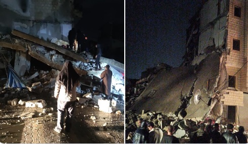 土耳其強震影響，敘利亞北部阿勒坡省（Aleppo）大量建築物倒塌，數據顯示敘利亞和土耳其已有 5 千人死亡。   圖：Charles Lister推特
