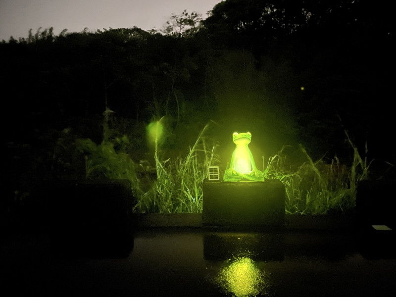使用綠能太陽能板儲能供電及環境AI控制系統，使青蛙公仔白天自行蓄電，夜晚提供照明光源效果，使夜晚有不同樣貌變化及美感。   圖：淡水區公所提供
