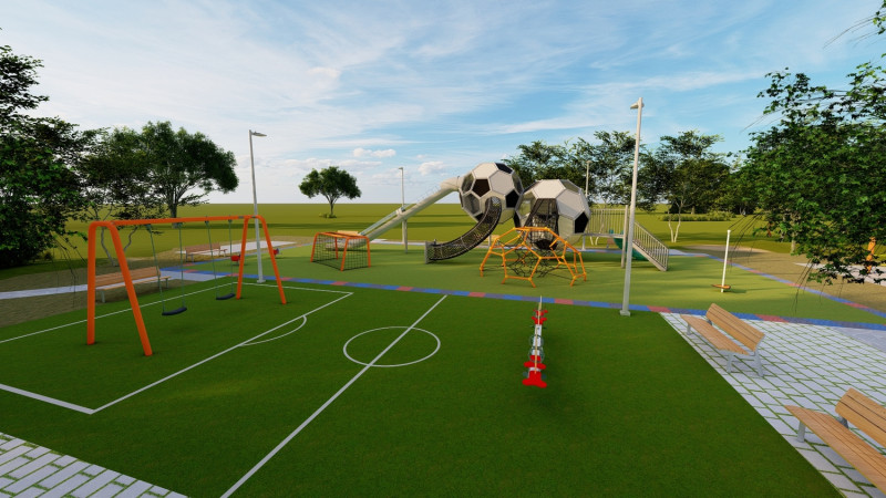 今年暑假新莊體育園區將多一處適合放電的兒童足球遊戲場。   圖：新北市體育處提供