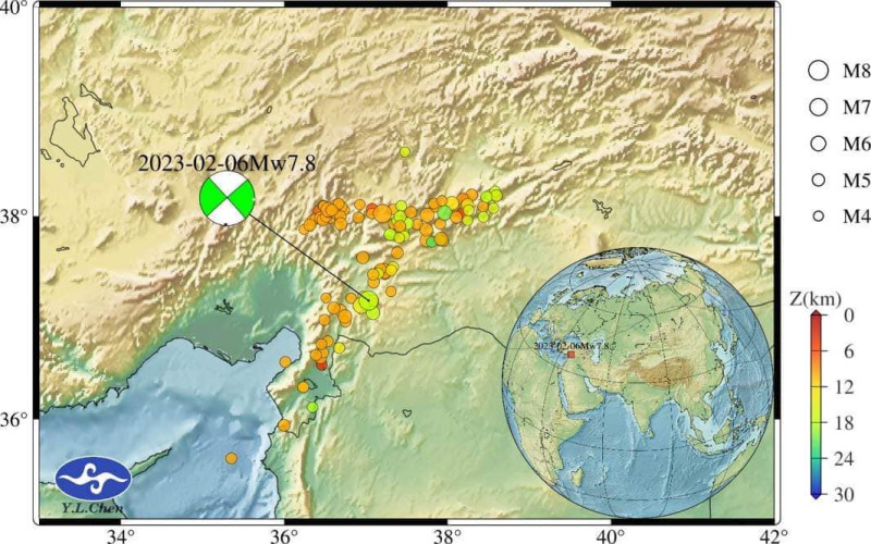 這次土耳其地震的主震引發的餘震範圍達到300公里。   圖：取自鄭明典臉書