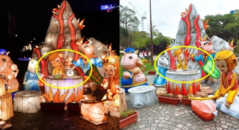 有民眾表示，7日前往台灣燈會觀賞時，〈兔子泡湯〉已被拆除了。   圖：翻攝台灣燈會官網、信義區三兩事臉書社團