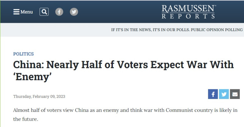近半美國選民認為中國是敵國。   圖：翻攝自拉斯穆森報告網站