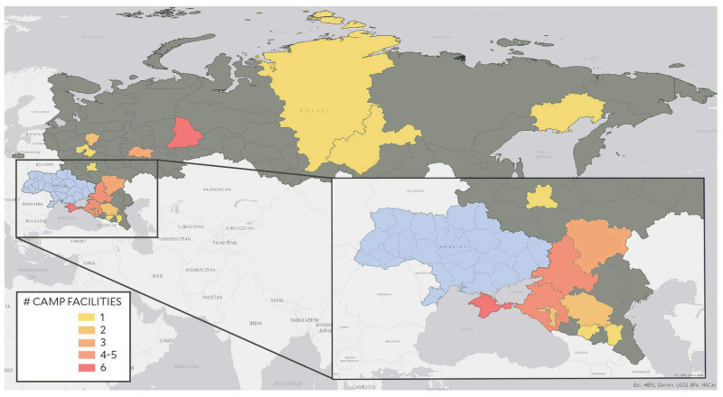 人權倡議組織《衝突觀察站》（Conflict Observatory）指控俄政府將烏克蘭未成年關入再教育營中，圖為營區分佈圖。   圖：翻攝自衝突觀察站報告