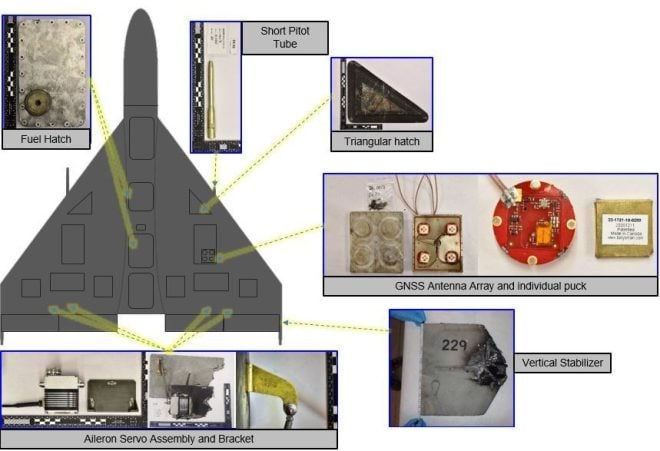 美國國防情報局比對伊朗曾在軍事博覽會場合公開展示的無人機資料和在烏克蘭發現的無人機殘骸零件，證實俄羅斯在烏克蘭戰爭中使用伊朗致命無人機。   圖：翻攝Defense Intelligence Agency