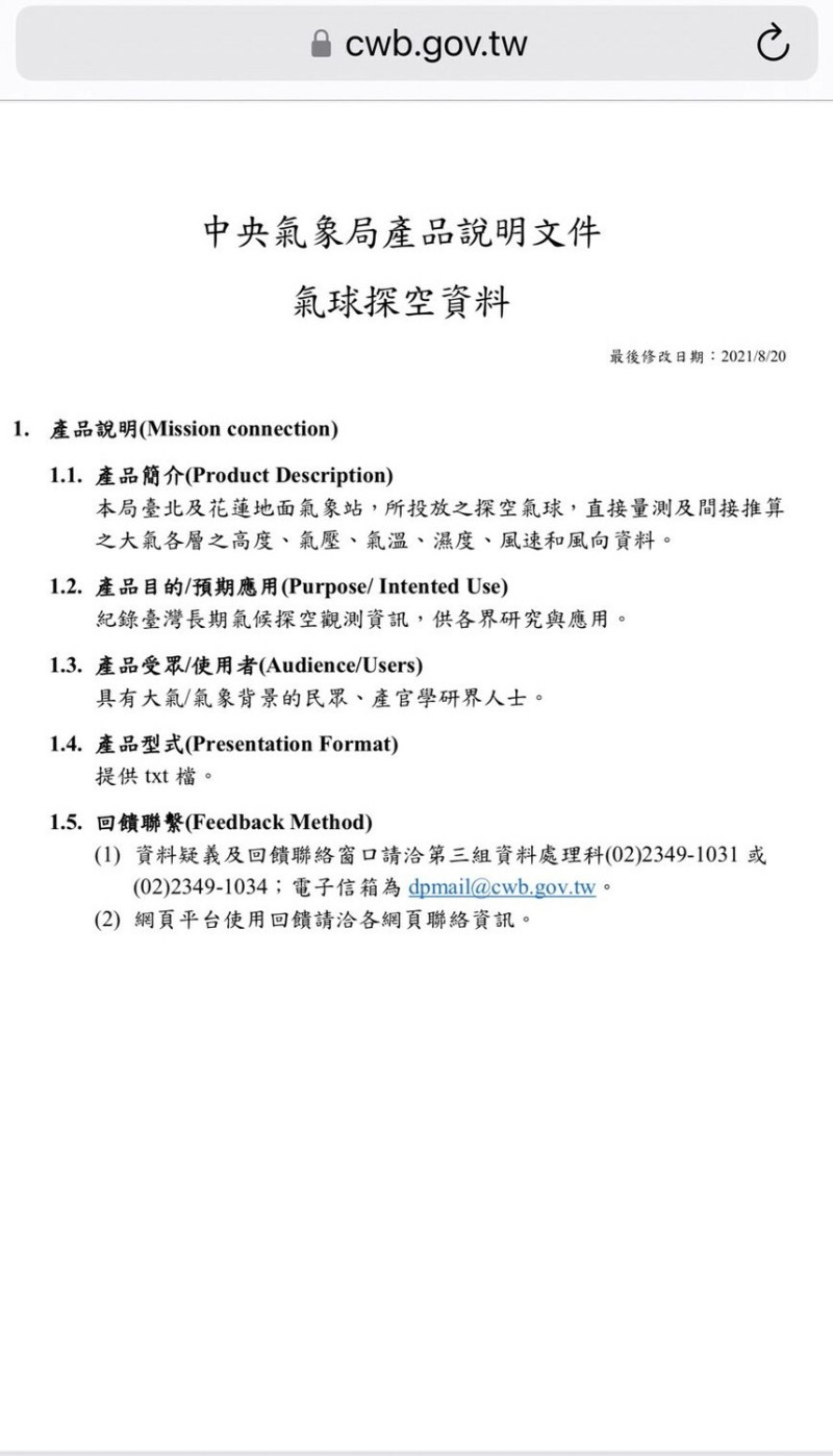 不過今日氣象局公布相同日期的資料澄清，強調探空氣球相關資訊都是公開透明的，並和世界各國互相分享。   圖：氣象局／提供