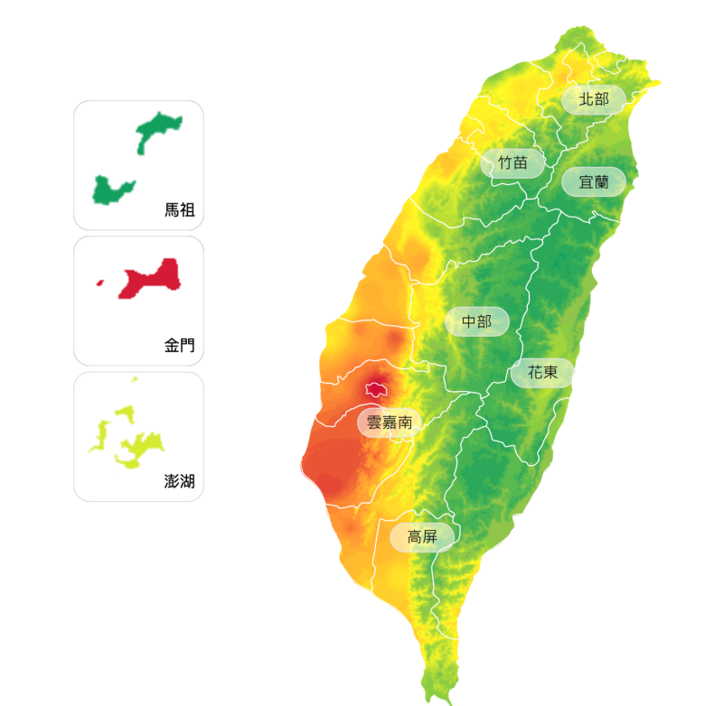 台南地區部分測站已亮起紅色警戒，敏感族群應減少在戶外劇烈活動。   圖：翻攝自環保署空品監測網