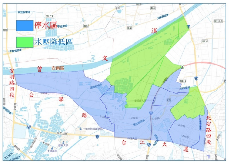 台南將自22日起持續23小時停水施工，包含西港區、安定區、安南區等區域將受用水限制，預計影響近8千戶。   圖：自來水公司六區處提供